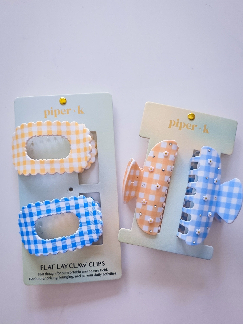 Piper K Gingham Hair Clip Set Pastel Blue Yellow Flat Lay Claw Clips